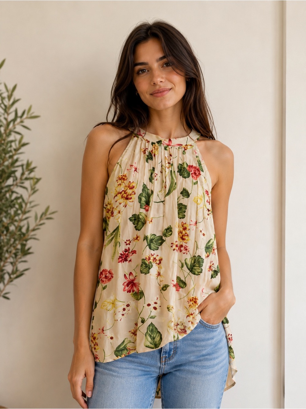 Ro & De Cream Floral Halter Top